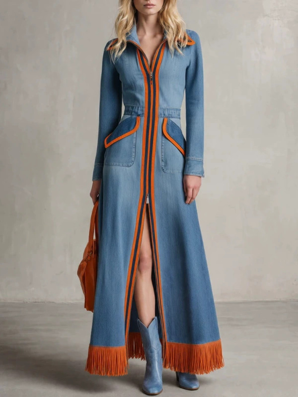 H&M   Retro Striped Trim Zip Large Pocket Slit Long Denim Dress